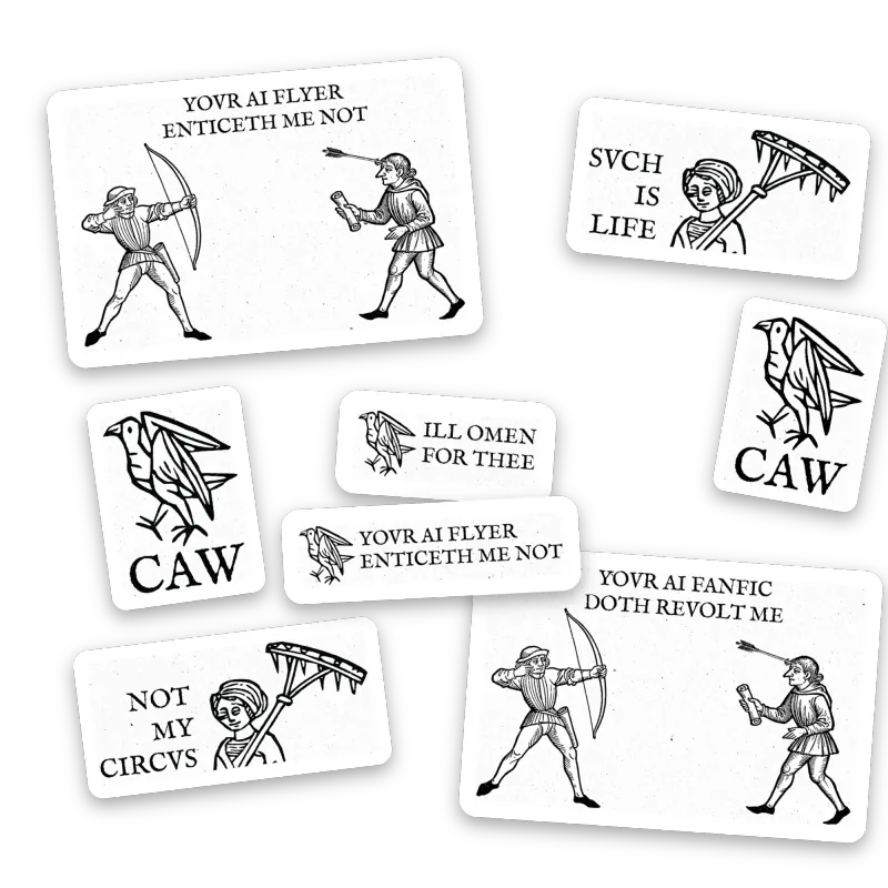 Peasants' Revolt sticker sheet — the eight stickers, floating